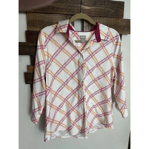 Chicos 2 Womens Shirt Size 14 3/4 Sleeve No Iron Button Down Front Pink Orange